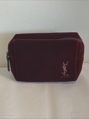 YSL Yves Saint Laurent Beaute Burgundy Velvet Cosmetic Pouch zip make up bag